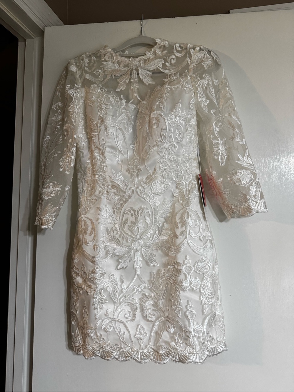 JJs House Ivory Lace Short Wedding Dress with Sheer Sleeves